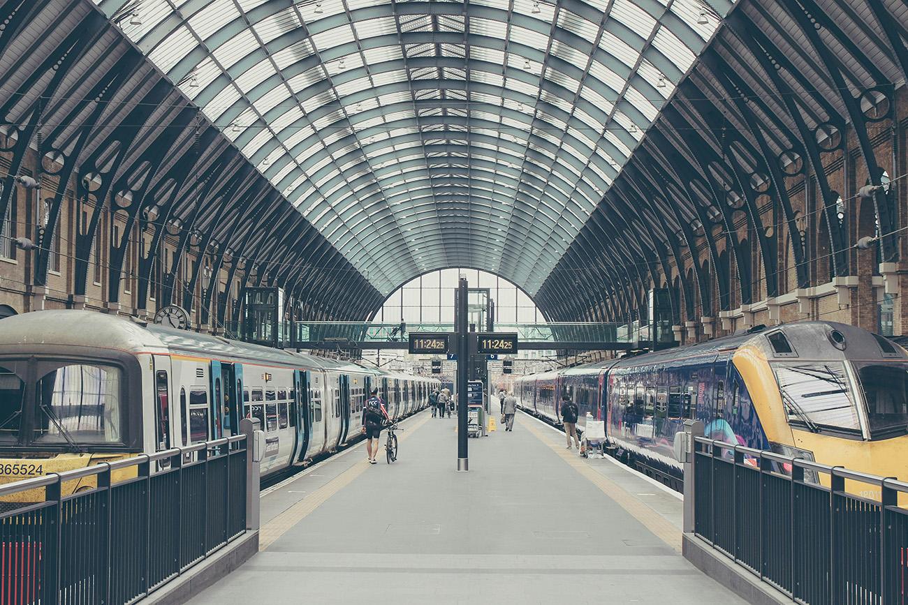 King's Cross station with two trains on opposite platforms, London