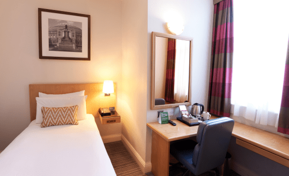 Standard single bedroom with single bed and desk