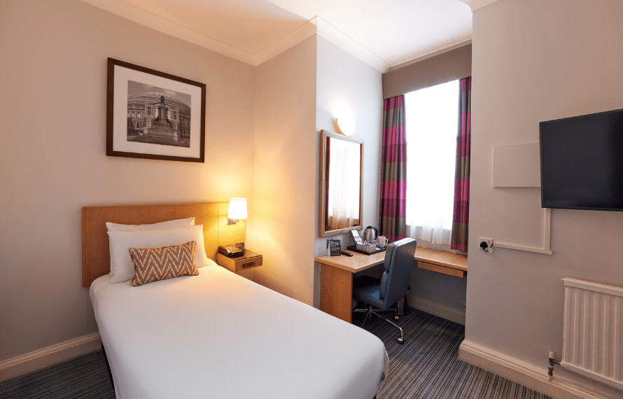 Standard single bedroom with single bed and desk