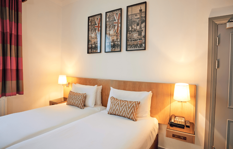 Twin beds with headboards and lights