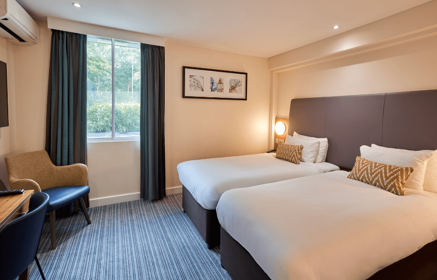 Executive Twin bedroom with two single beds, window view, and modern décor.