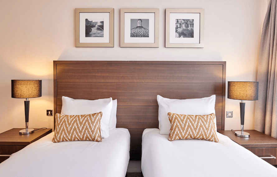 Close up of twin beds in twin room at Trafalgar square