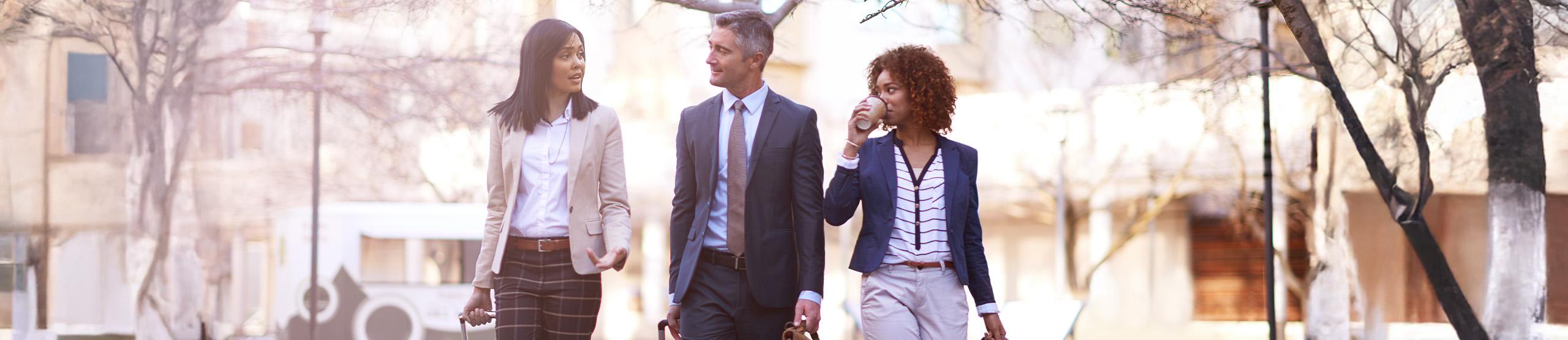 Colleagues walking and discussing business