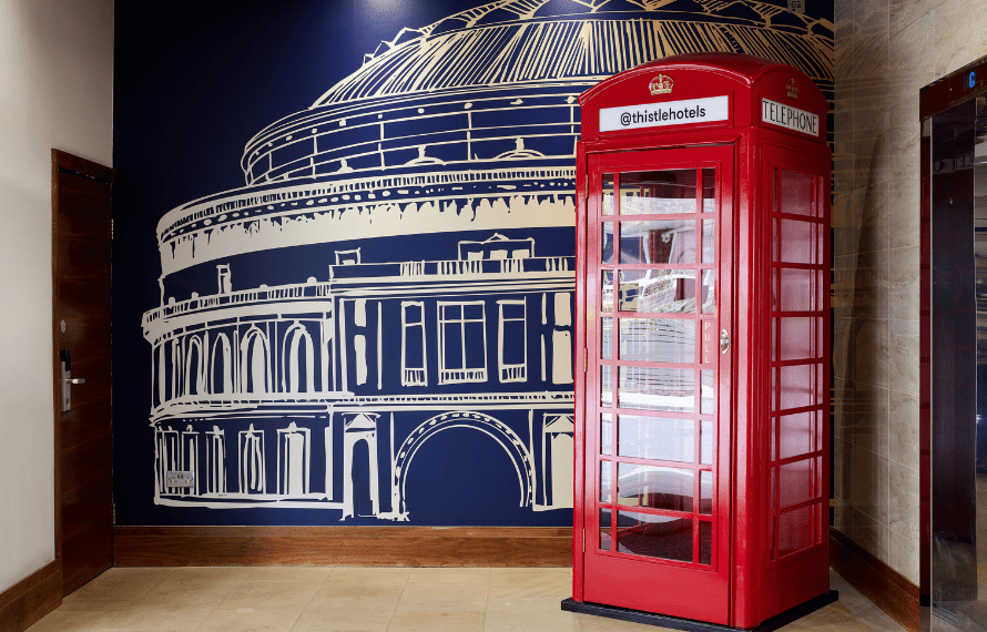 Telephone box in hotel lobby
